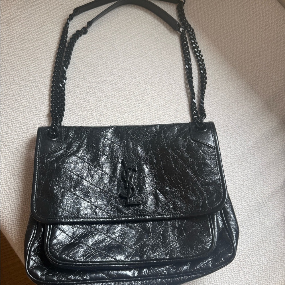 Saint Laurent Black Crinkled Leather Shoulder Bag with Chain Strap